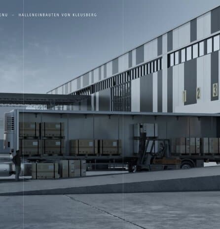 3D Rendering von einem LKW vor einer KLEUSBERG-Lagerhalle.