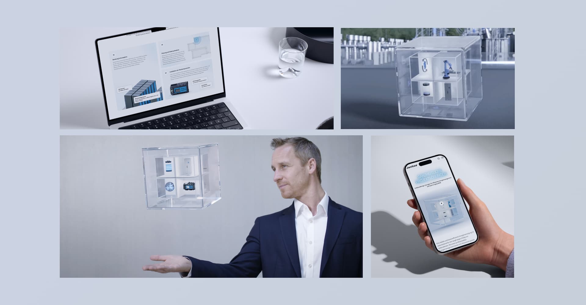 Ausschnitte aus einer Kampagne für Janitza, bei denen ein 3D-Würfel gezeigt wird, der komplexe Projektlösungen visualisiert 
