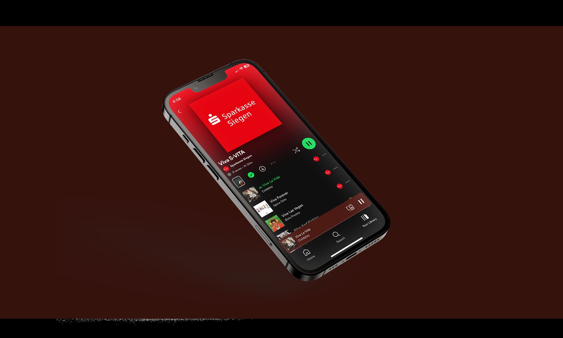 Ein Smartphone mit Spotify und einer Playlist für die Sparkasse Siegen