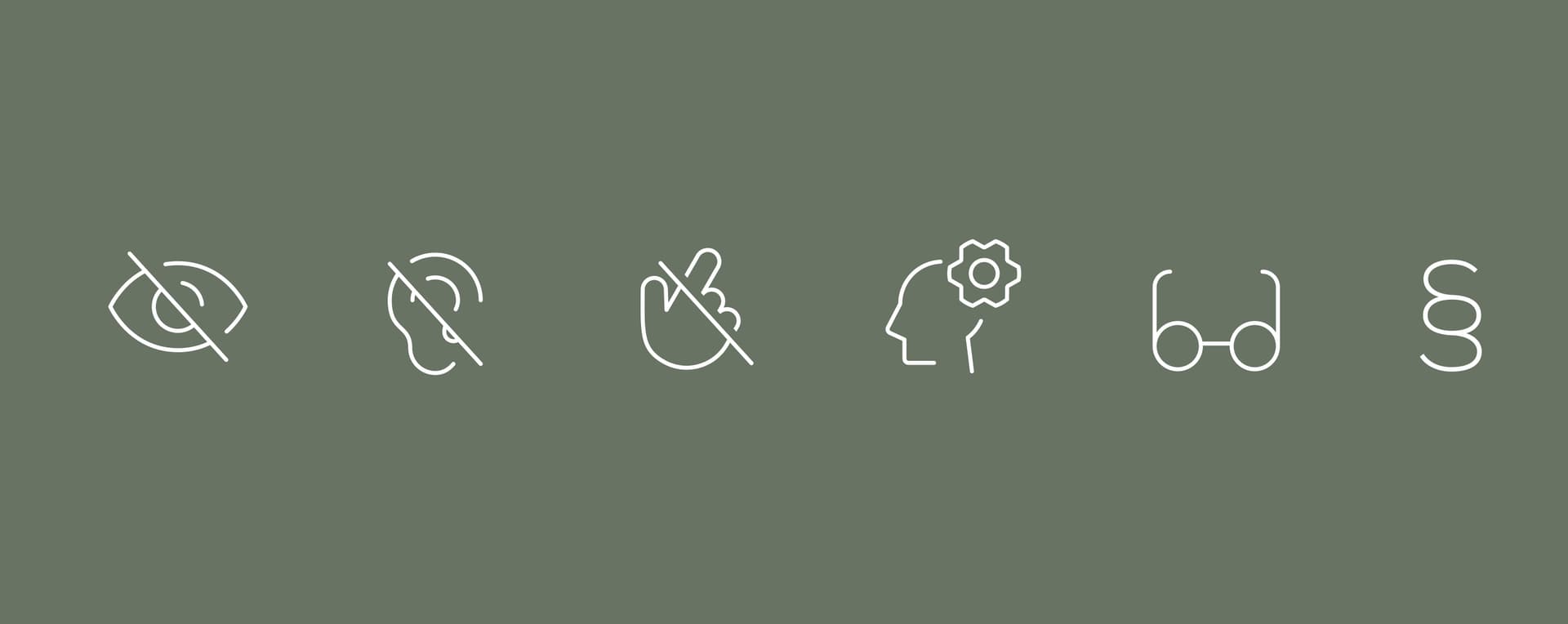 Icons für Barrierefreiheit auf grünem Hintergrund: Auge, Ohr, Hand, Kopf, Brille, Paragraphenzeichen.