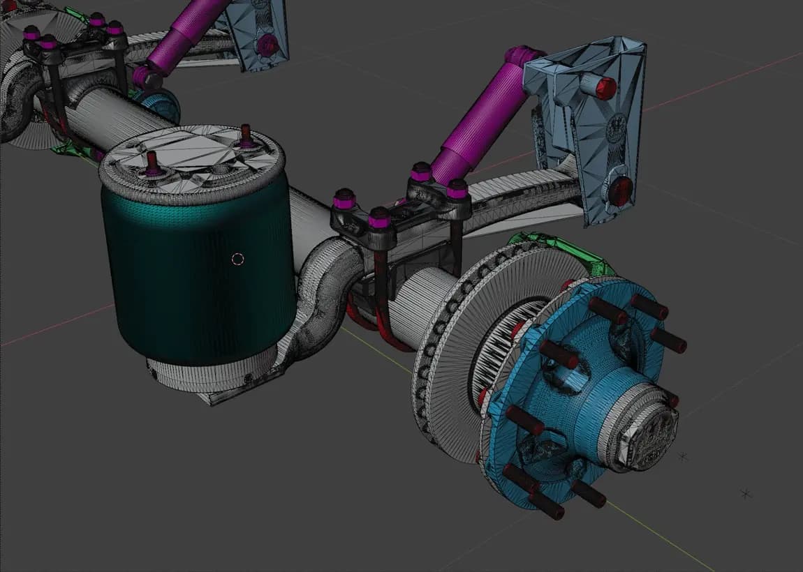3D-Modell einer Achse mit komplexen mechanischen Bauteilen in der Entstehung