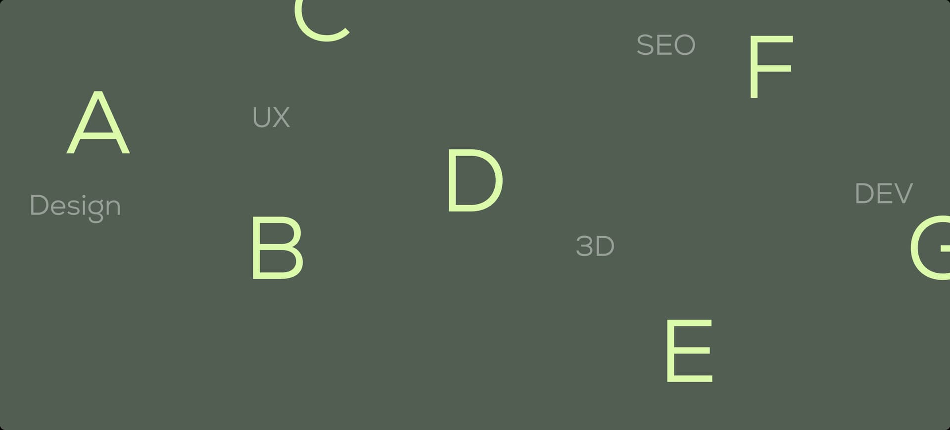 Buchstaben und Begriffe wie UX, SEO, Design auf grauem Hintergrund verteilt.