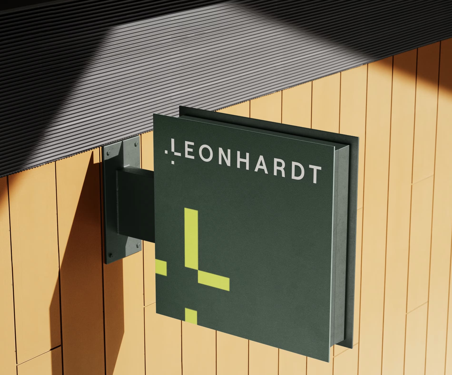 Das von reaze neu gestaltete "Leonhardt" Logo auf einem Schild mit grünem Hintergrund