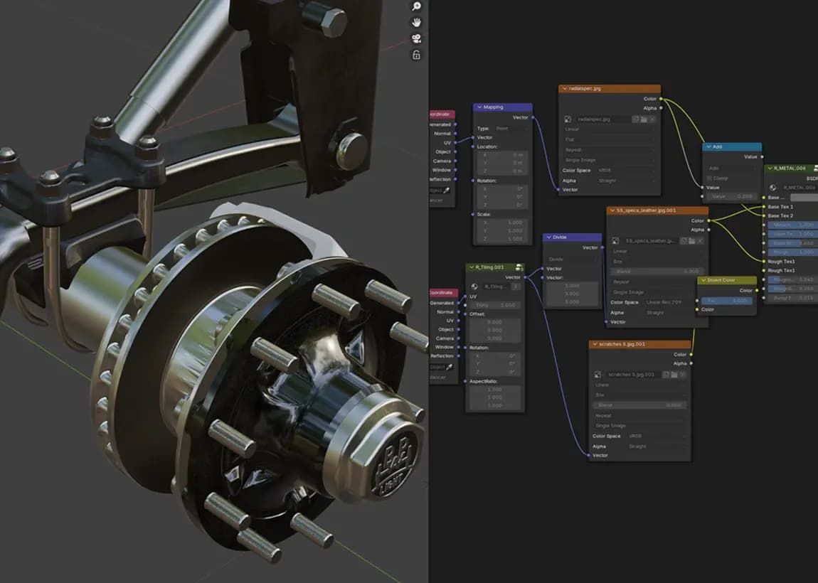 3D-Fahrwerksmodell links und Shader-Knotenübersicht rechts in einer Software.