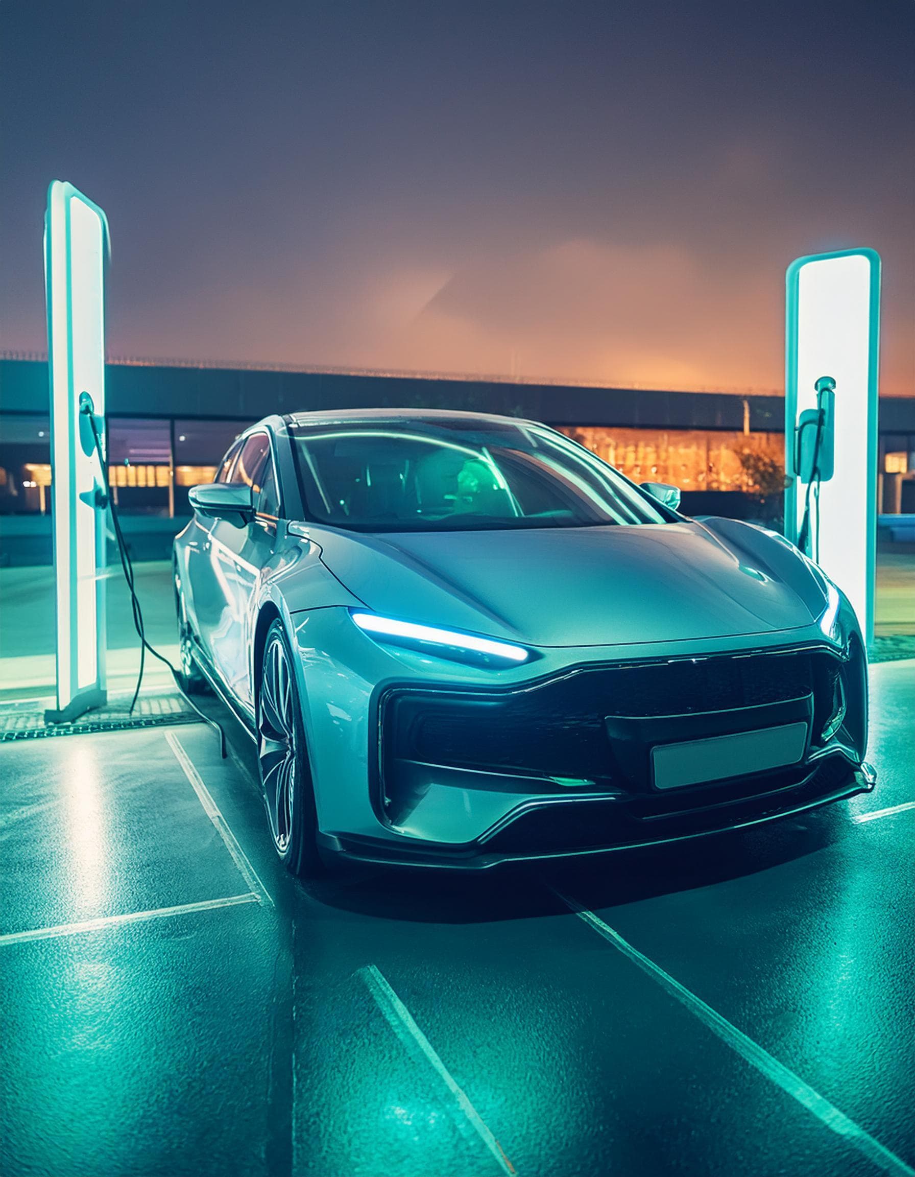 Elektroauto lädt bei Nacht an einer Ladestation auf.