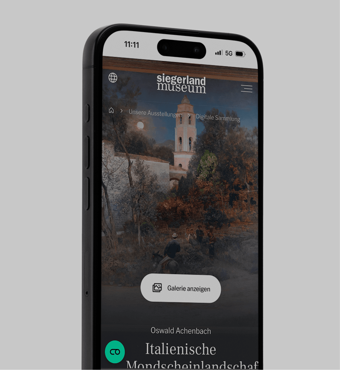 Smartphone zeigt die digitale Sammlung des Siegerlandmuseums mit Achenbach-Gemälde.