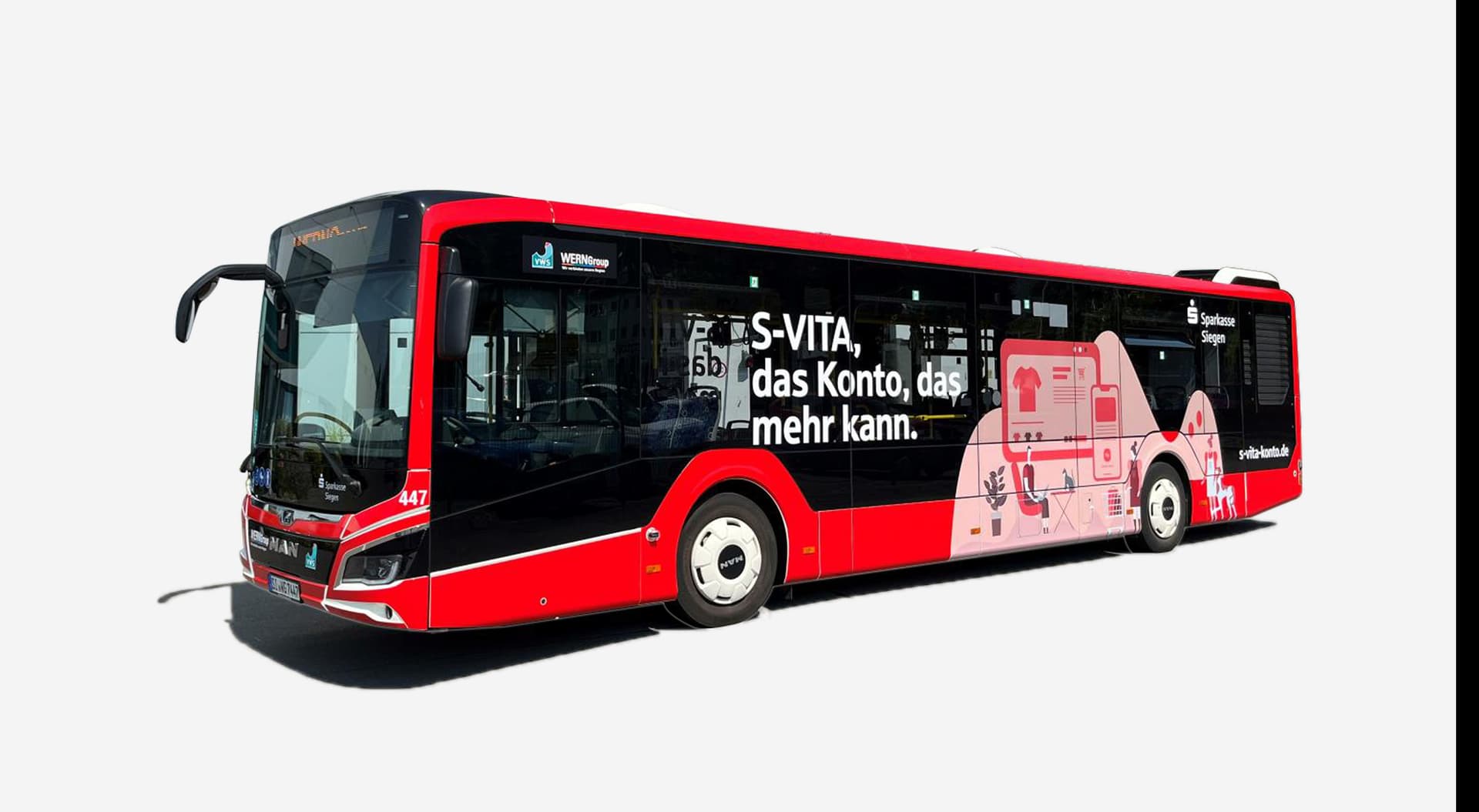 Ein Linienbus, der für die Sparkasse Siegen gestaltet wurde und das neue Girokonto bewirbt