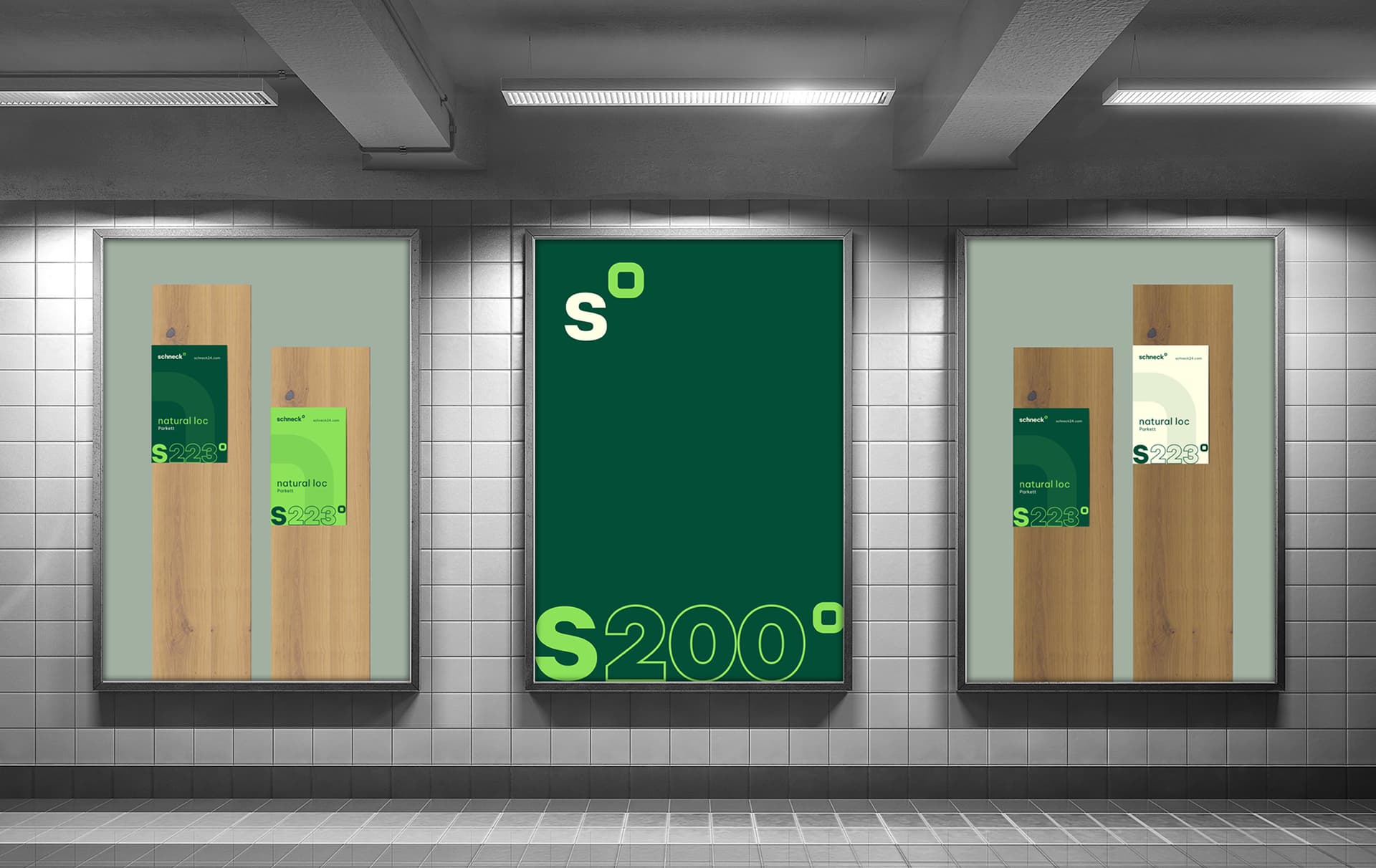 Drei Plakate im neuen Corporate Design von Schneck mit Produktabbildungen