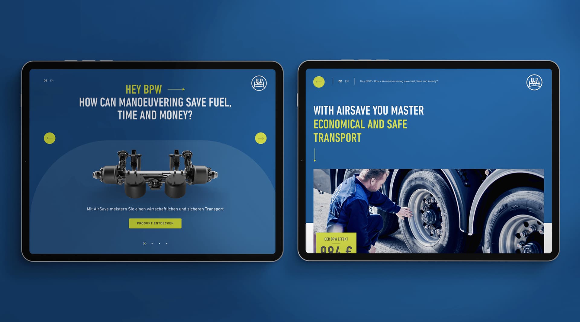 Zwei Tablets im Querformat mit einer Touchanwendung im Zuge einer Messekampagne