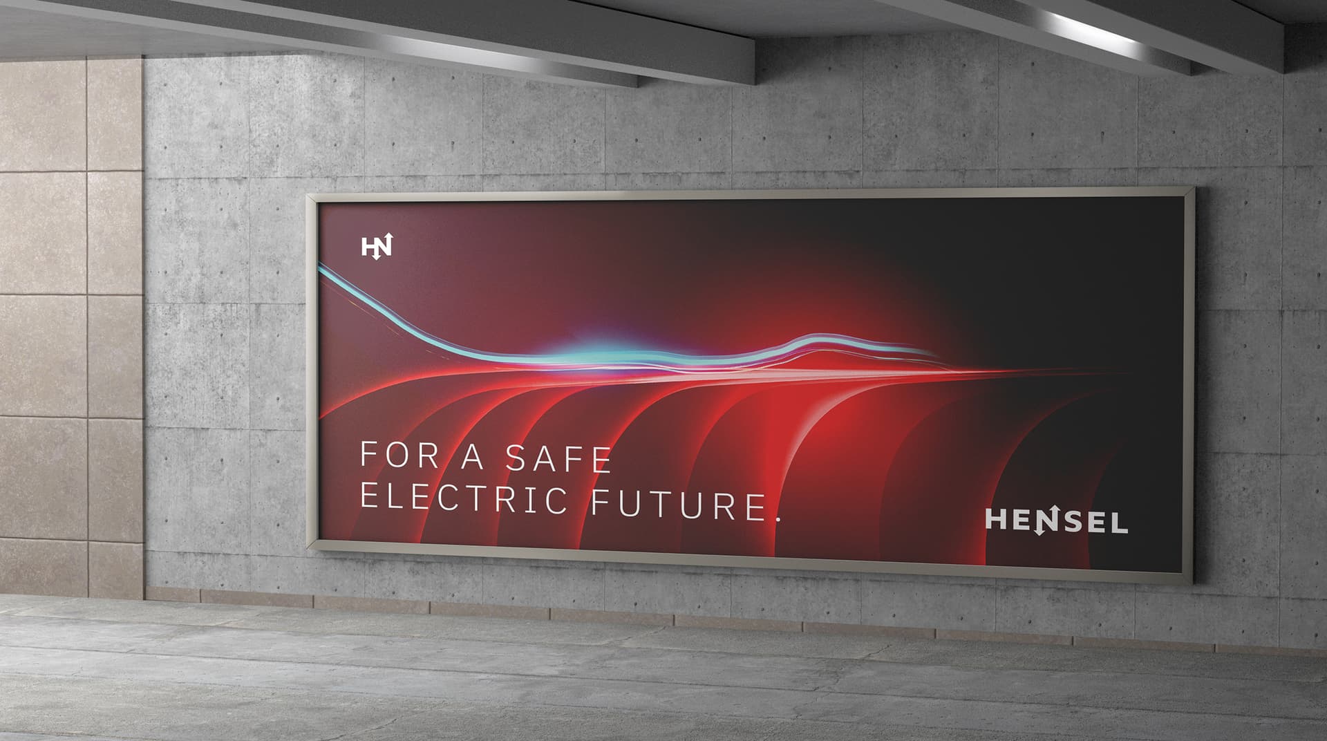Ein Werbeplakat für HENSEL mit Energielinien und rotem Hintergrund