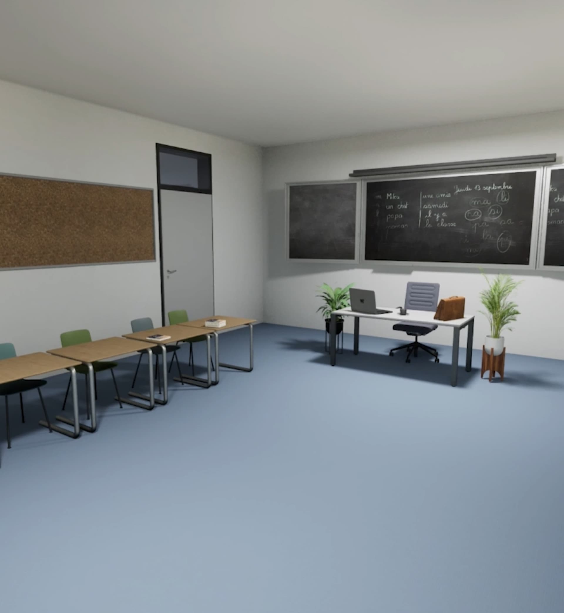3D-Rendering von Klassenzimmer mit Schultischen, Stühlen und einer Tafel. Schlichter, moderner Raum.