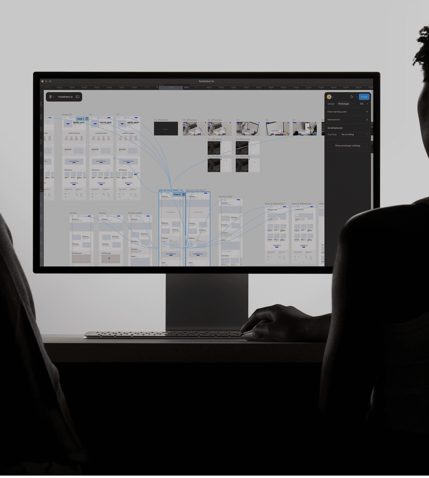 Ein großer Bildschirm, vor dem Personen sitzen und an einem UX-Konzept arbeiten