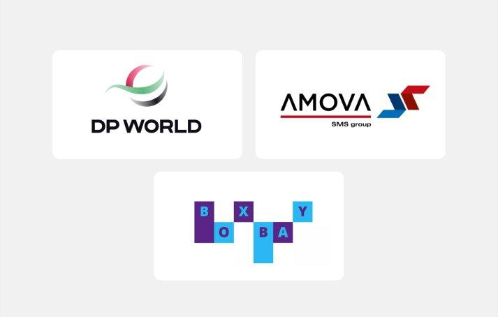Es sind drei Logos der Firmen DP World, Amosa und Bombay zu sehen