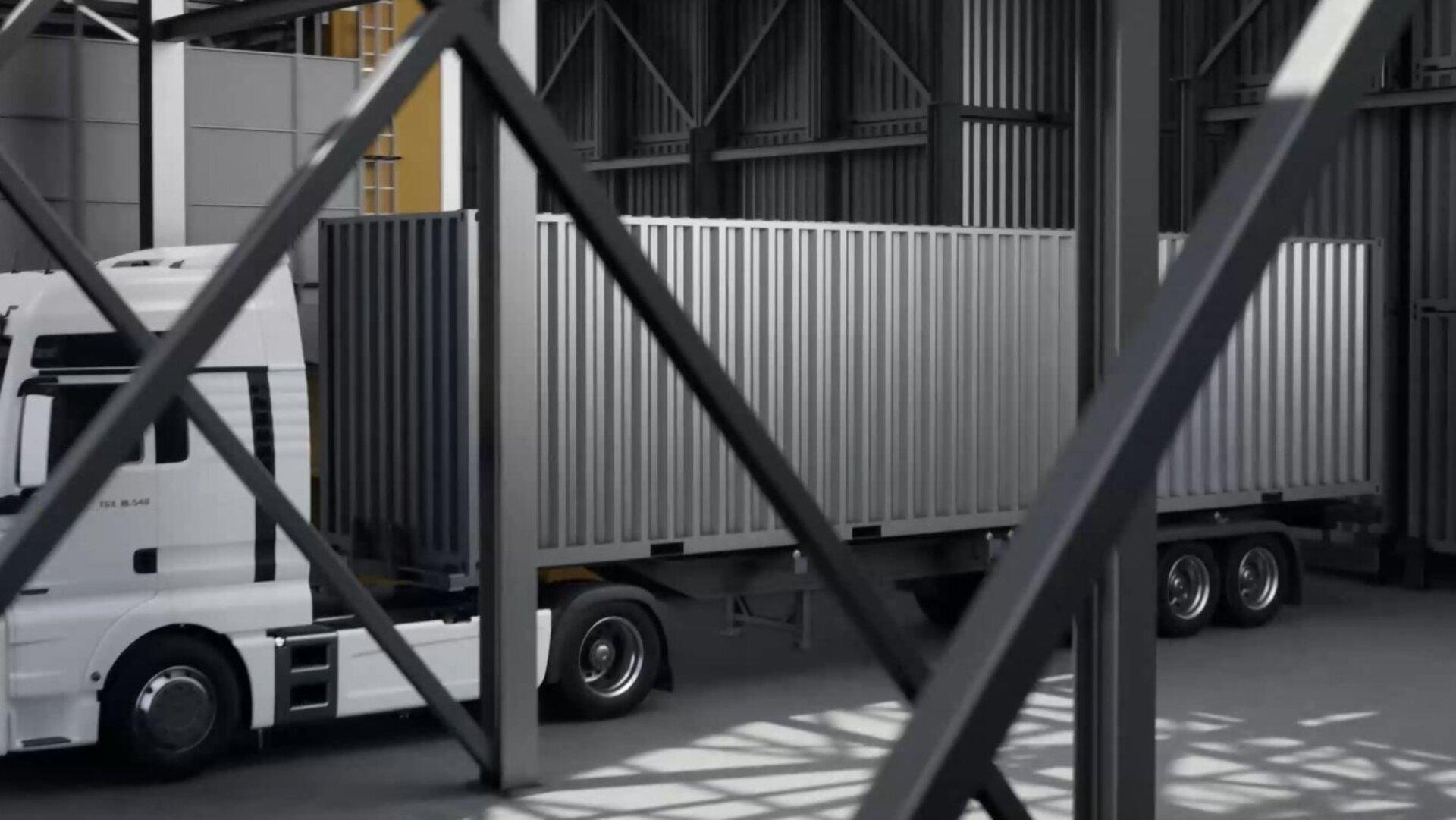 3D-Rendering, das einen LKW mit Container abbildet.